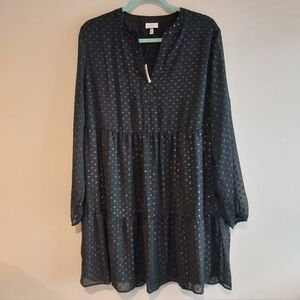 The Get Black Sparkle Swiss Dot Long Sleeve Tiered Babydoll Dress